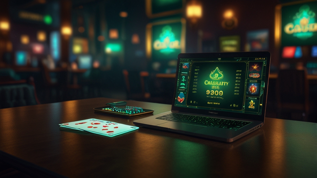 Casino laptop showing a promo code field with chips and cards