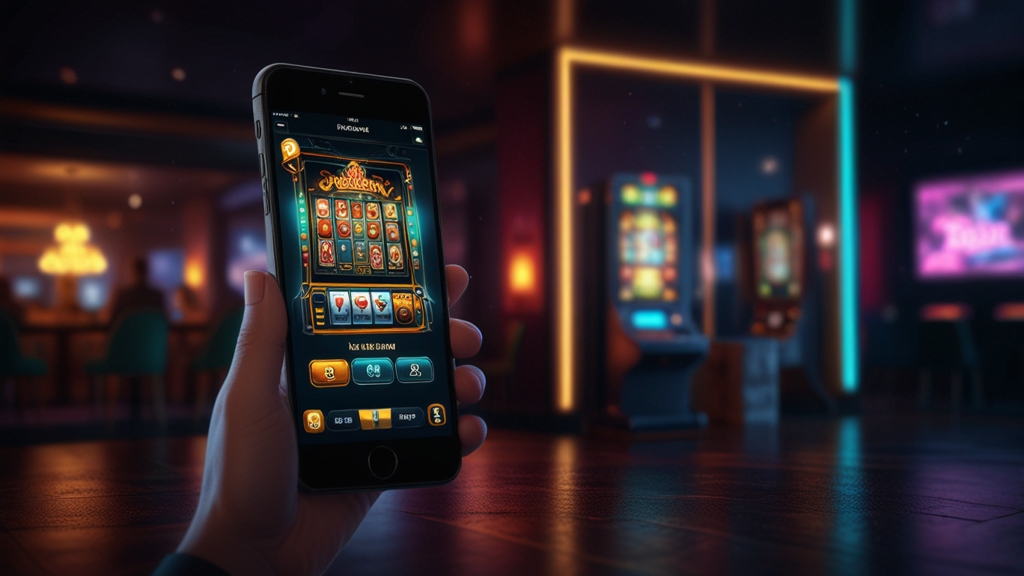 A smartphone beside a glowing casino app download icon in a dark neon setting