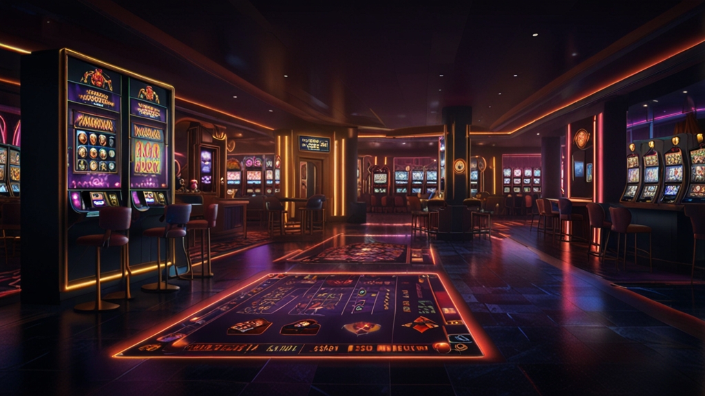Casino app lobby on a phone with game tiles and cashier tools in a dark neon setting