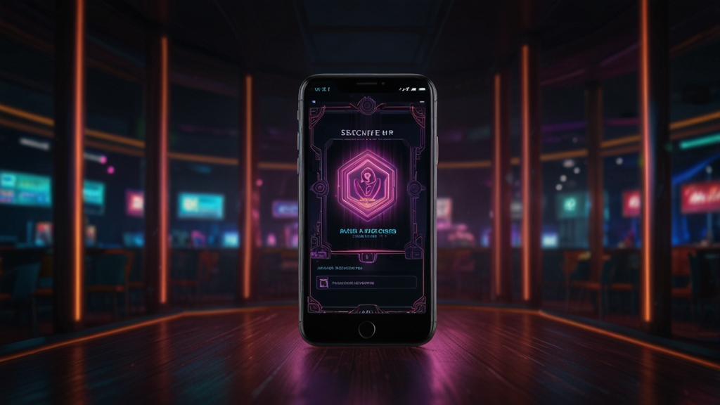 Phone installation prompt with a secure casino app setup in a dark neon scene
