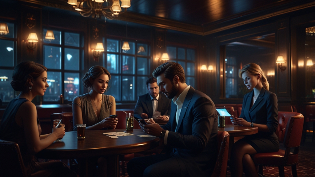 UK players reading withdrawal reviews on phones inside a dark casino lounge