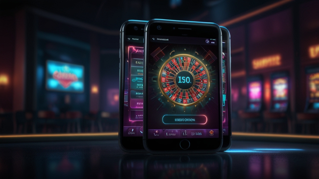 Mobile app update prompt with security graphics in a dark casino setting