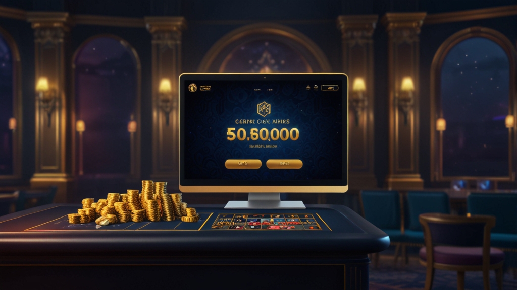Free spins voucher and bonus screen in a dark casino setting