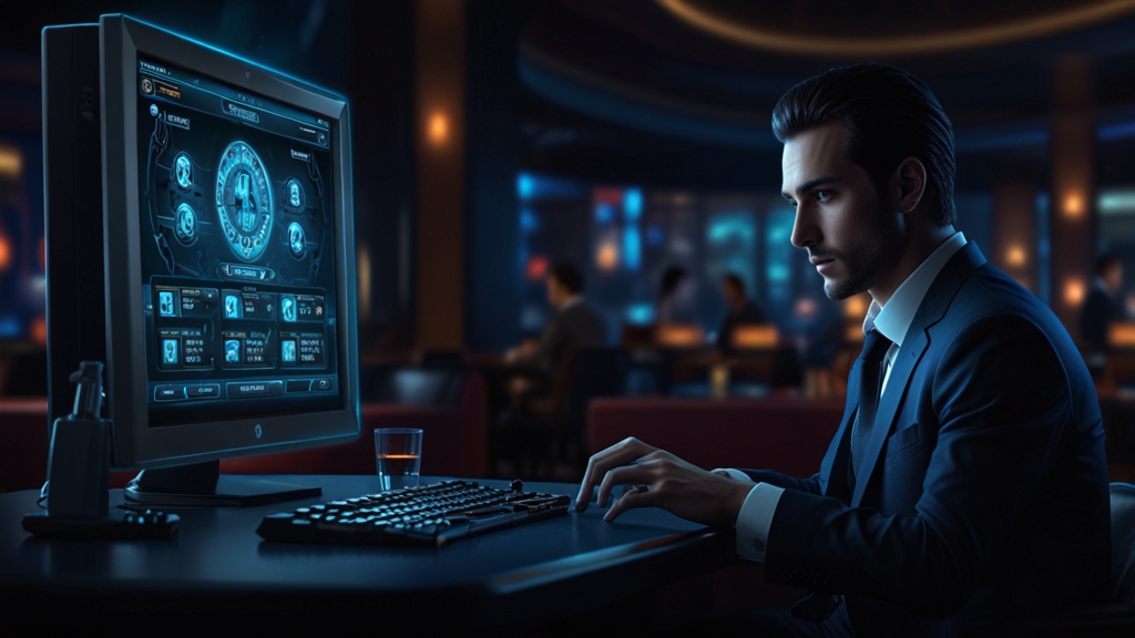 Player checking a casino login screen in a dark lounge at night